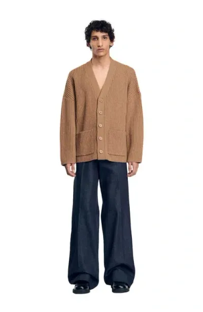 Sandro Oversized Rib Knit Cardigan In Praline