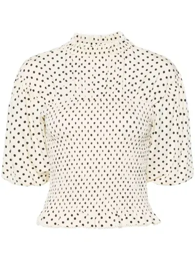 Sandro Polka Dot-print Shirred Blouse In Ecru Black