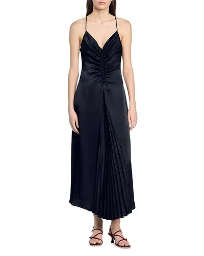 Sandro Pralisse Ruched Maxi Dress In Navy Blue