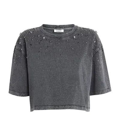 Sandro Rhinestone Cropped T-shirt In Black