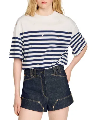 Sandro Sailor Strass Tee In Blue White