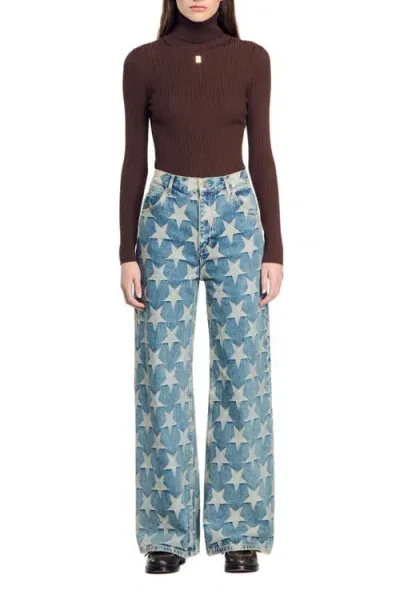 Sandro Starry Jacquard Jeans In Blue Jean