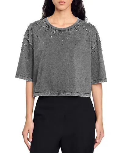 Sandro Stones Embellished Cropped Tee In Grey