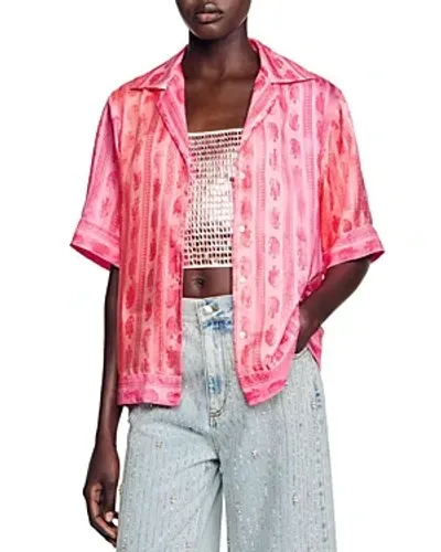 Sandro Graphic-print Silk Shirt In Pink Red