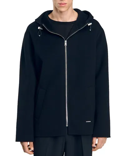 Sandro Waterproof Hooded Zip Front Windbreaker In Black