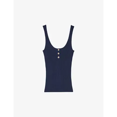 Sandro Womens Bleus Button-neck Slim-fit Sleeveless Silk-blend Vest In Navy Blue