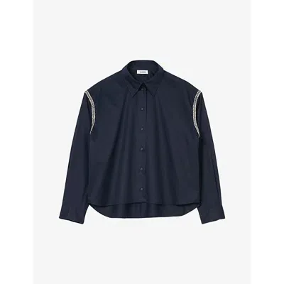 Sandro Rhinestoned Cotton Shirt In Bleus