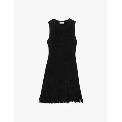 Sandro Womens  Fringe Asymmetric-hem Stretch-woven Mini Dress In Noir / Gris