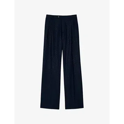 Sandro Womens  Embellished Straight-leg Wool Trousers In Dark Grey