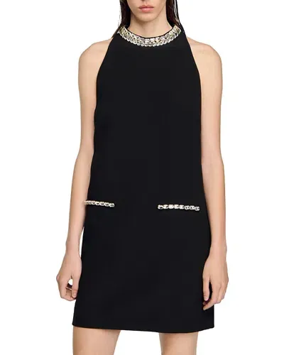 Sandro Crystal-embellished Shift Mini Dress In Black