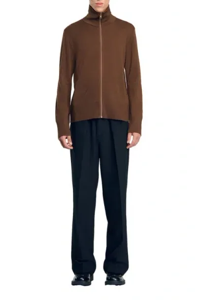 Sandro Zip-up Wool Cardigan In Dark Caramel