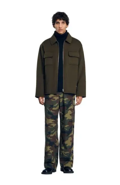 Sandro Zipped Overshirt In Olive Green