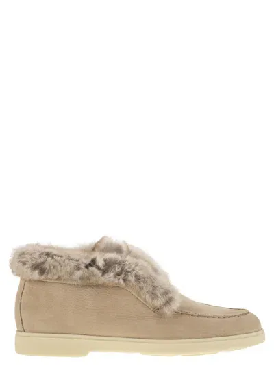 Santoni Desert Boot In Nubuck With Fur In Beige