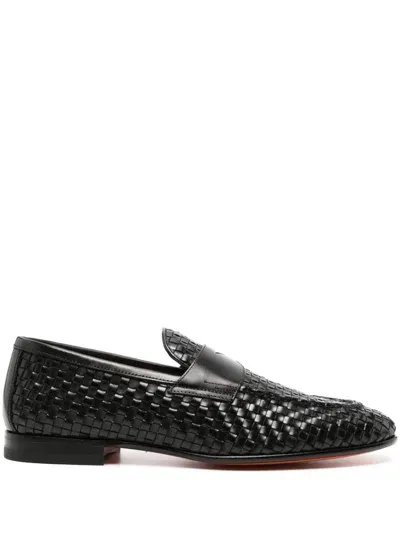 Santoni Interwoven-leather Penny Loafers In Black