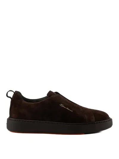 Santoni Laceless Sneakers In Suede In Brown