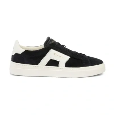 Santoni Men's Blue And White Suede And Leather Double Buckle Sneaker In Schwarz