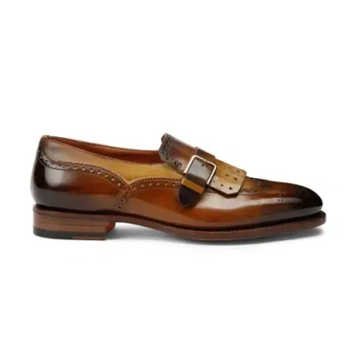 Santoni Men's Brown Leather Single-buckle Loafer With Fringe