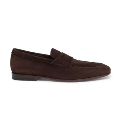 Santoni Men's Brown Suede Penny Loafer In Dark Brown