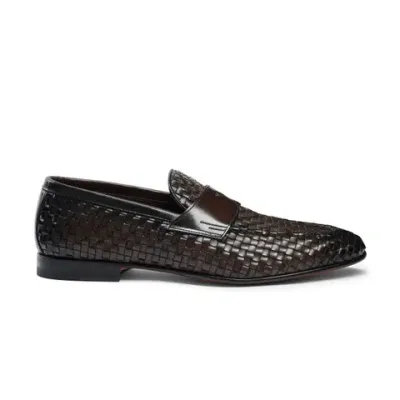 Santoni Men's Brown Woven Leather Loafer In Dark Brown