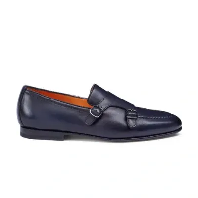 Santoni Men's Polished Blue Leather Double-buckle Loafer