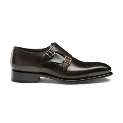 Santoni Men's Polished Brown Leather Double-buckle Shoe In Dark Brown