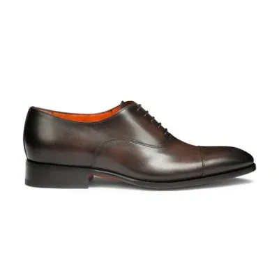 Santoni Men's Polished Brown Leather Oxford Shoe In Dark Brown