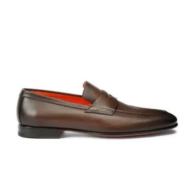 Santoni Men's Polished Brown Leather Penny Loafer In Dark Brown