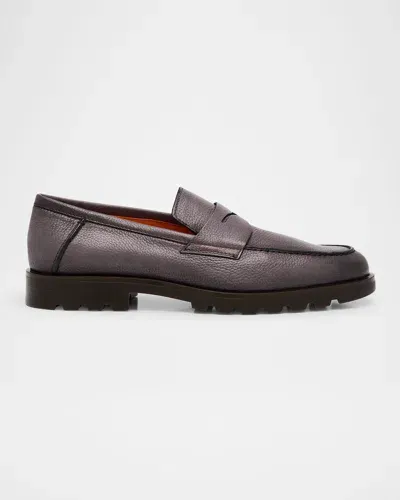 Santoni Calf Leather Loafers In Dark Brown