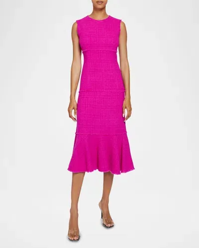 Santorelli Andi Tiered Fringe-trim Tweed Midi Dress In Magenta