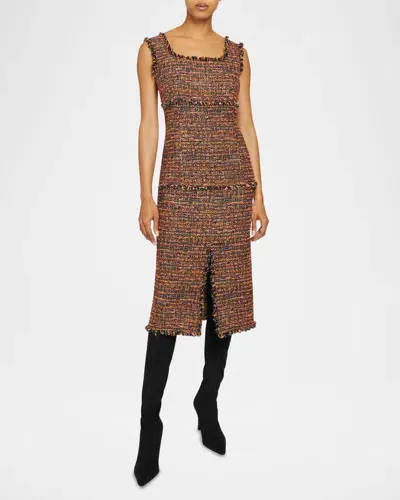 Santorelli Faye Fringe-trim Tweed Midi Dress In Orange Glow