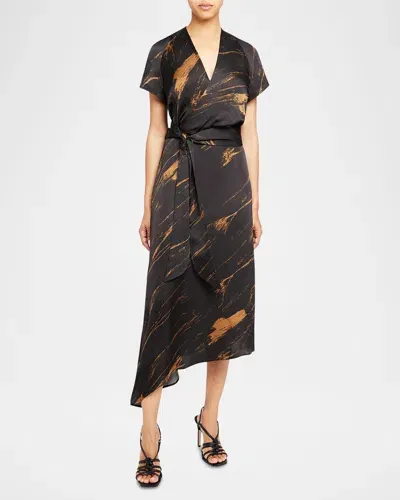 Santorelli Haley Abstract-print Asymmetric Midi Dress In Black