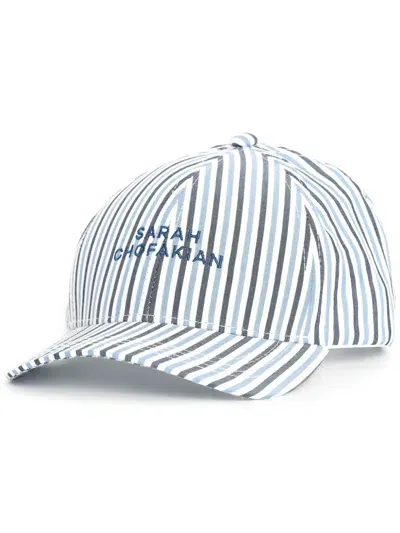 Sarah Chofakian Logo-embroidered Striped Cap In Blue