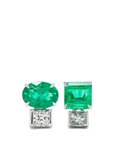 Sauer 18kt White Gold Agnes Diamond And Emerald Earrings In Silver