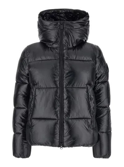 Save The Duck Biddy Black Down Jacket With Hood And Logo Patch On The Sleeve In Tech Fabric Man