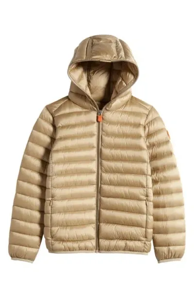 Save The Duck Kids' Iris Shiny Water Repellent Hooded Puffer Jacket In Wood Beige