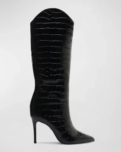 Schutz Maryana Croco Stiletto Tall Boots In Black