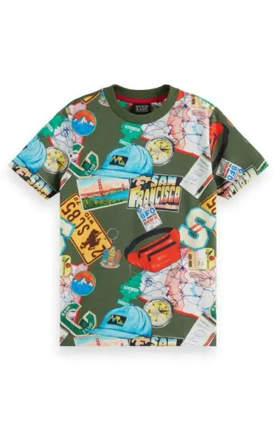 Scotch & Soda Kids' Road Trip Allover Print T-shirt In Green Multi