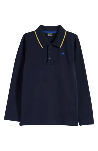 Scotch & Soda Kids' Tipped Long Sleeve Cotton Polo In Night