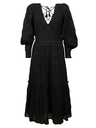 Sea New York Pasha Pleated Long Sleeve Smocked Dress In Black