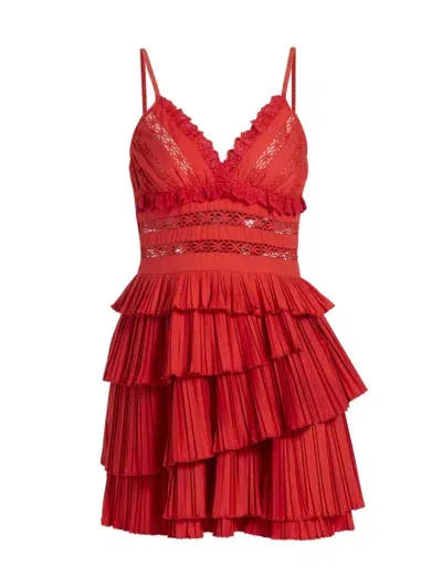 Sea Antonina Broderie Anglaise-trimmed Tiered Pleated Poplin Mini Dress In Red