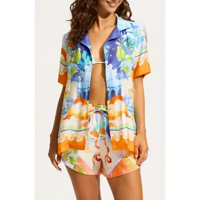 Seafolly Aquarius Linen Button-up Cover-up Shirt In Multicolor