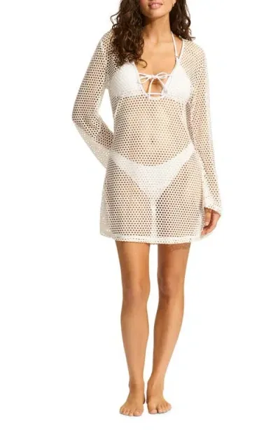 Seafolly Mesh Effect Long Sleeve Cover-up Dress In White