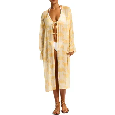 Seafolly Tie Front Long Sleeve Cover-up Dress In Yellow