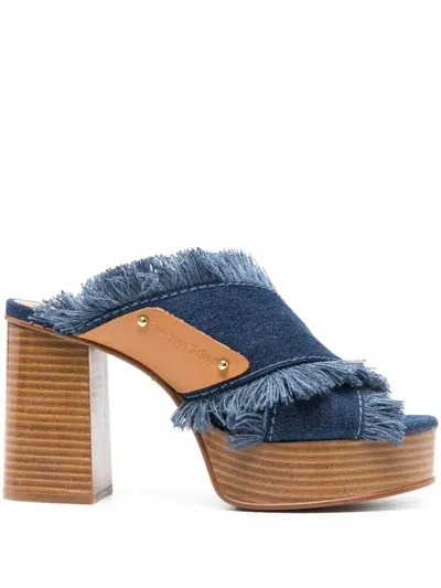 See By Chloé 100mm Frayed-detailing Denim Mules In Tan