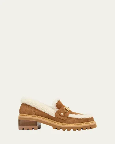 See By Chloé Juliet Suede Shearling Chain Loafers In Tan