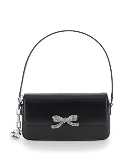 Self-portrait Black Shoulder Bag With Crystal Bow Detail In Smooth Leather Woman