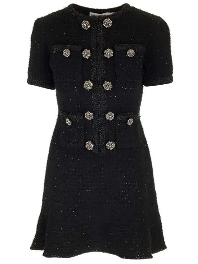 Self-portrait Black Tweed Mini Dress In Nero