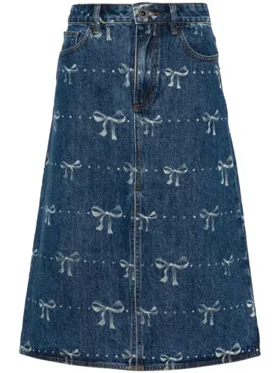 Self-portrait Bow-print Denim Skirt In Blue