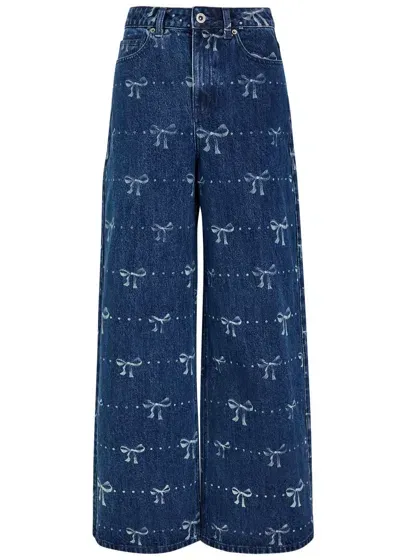 Self-portrait Bow-print Wide-leg Jeans In Blue