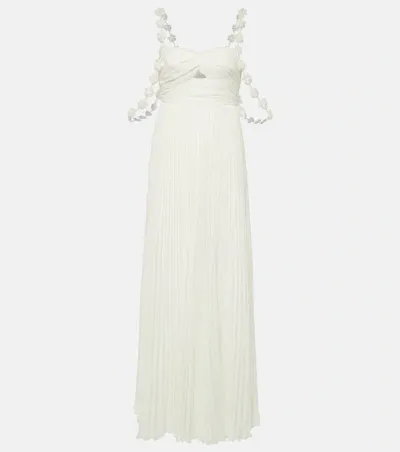 Self-portrait Bridal Floral-appliqué Pleated Chiffon Maxi Dress In White